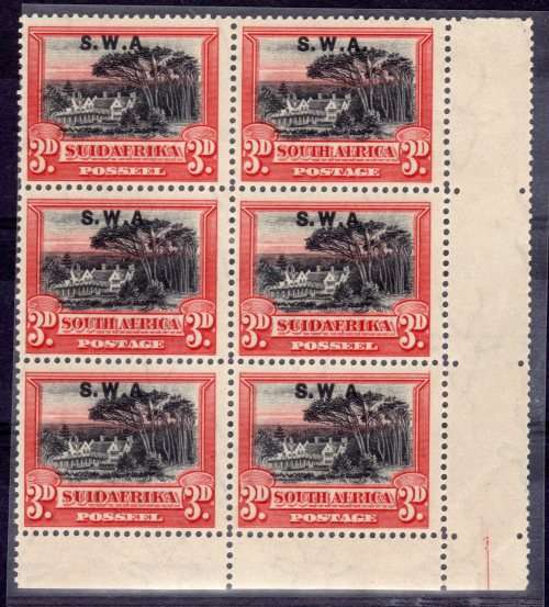 SOUTH WEST AFRICA 1927/30 3d BLACK & RED VERY FINE MINT BLOCK OF 6 WITH VARIETIES SACC 84ab/ac.