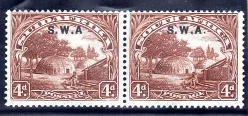 SOUTH WEST AFRICA 1927/30 4d BROWN PERF 14 MINT PAIR WITH NO STOP AFTER "A" VAR. SACC 85d. CAT R1800