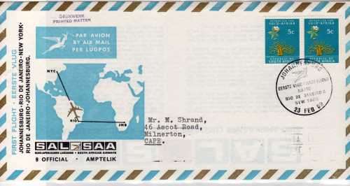 SOUTH AFRICA 1969 1ST FLIGHT JOHANNESBURG - NEW YORK OFFICIAL  COVER 9 VFU. CAT R160. (SACC 2017/18)