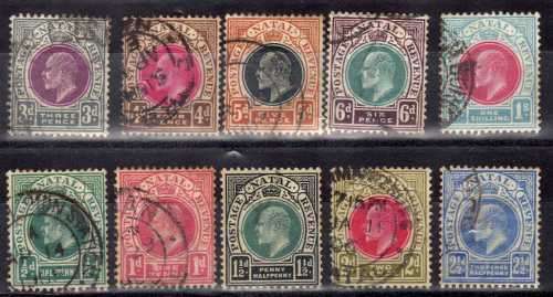 NATAL 1902-03 KEVII DEFIN W/MARK CROWN OVER CA PART SET OF 10 FINE USED. SACC 109-118. CAT R818.