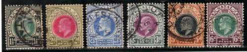 NATAL 1902-03 KEVII DEFIN W/MARK CROWN OVER CA PART SET OF 6 VFU. SACC 111-114 & 116-117. CAT R322.