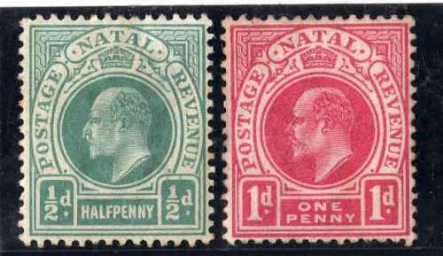NATAL 1902-03 KEVII DEFIN W/MARK CROWN OVER CA 1/2d & 1d MOUNTED MINT. SACC 109-110. CAT R322.