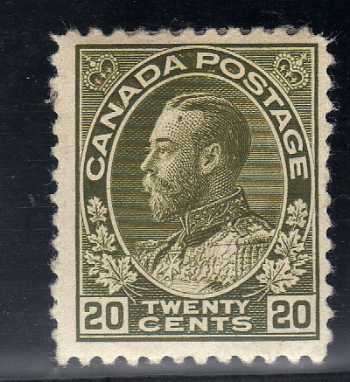 CANADA 1912 DEFINITIVE 20c OLIVE MOUNTED MINT. SG 213. CAT 45 POUNDS.