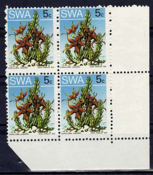 SOUTH WEST AFRICA 1973 DEFIN 5c MARGINAL BLOCK OF 4 UMM WITH MISSING PERF VARIETY. SACC 254 var.