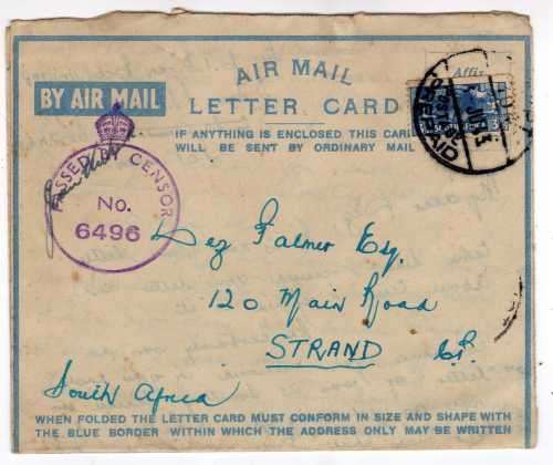 SOUTH AFRICA 1943 WWII CENSORED AIR MAIL LETTER CARD WITH 3d SMALL WAR AFFIXED TO STAMPLESS CARD.