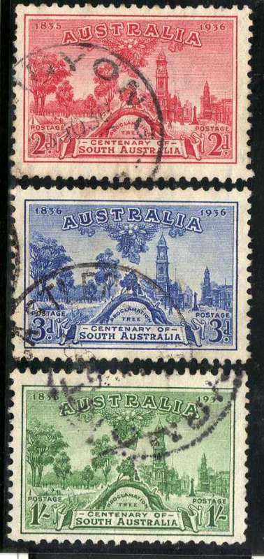 AUSTRALIA 1936 "CENT OF SOUTH AUSTRALIA" SET OF 3 VERY FINE USED. SG 161-3. CAT 16 POUNDS.