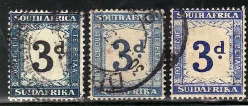 SOUTH AFRICA 1932-42 POSTAGE DUE 3d DIFFERENT SHADES. SACC 26, 27 & 27a. CAT R200.