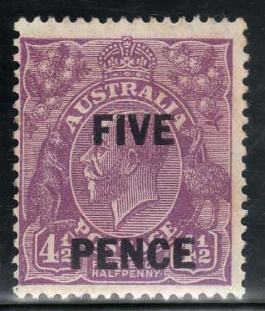 AUSTRALIA 1930 SURCHARGE 5d ON 4,5d VIOLET MOUNTED MINT. SG 120. CAT 15 POUNDS.