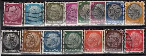 GERMANY 1933 VON HINDENBURG DEFIN SET OF 15 VFU. SG 493B-509B. CAT 10,45 POUNDS.