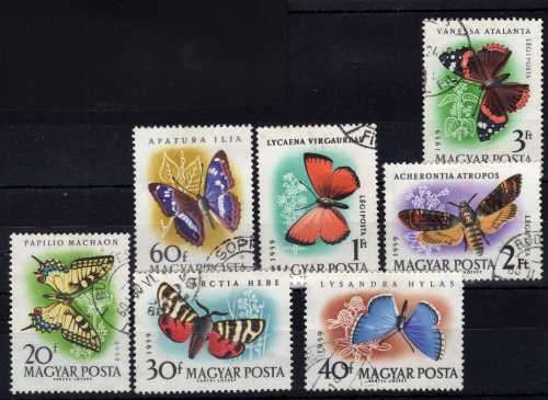 HUNGARY 1959 "BUTTERFLIES & MOTHS" SET OF 7 V.F.U. SG 1612-18. CAT 6,30 POUNDS.