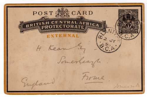 NYASALAND B.C.A. 1898 2d PICTURE POST CARD (EXTERNAL) WITH FINE BLANTYRE CANCELS. H & G #5.