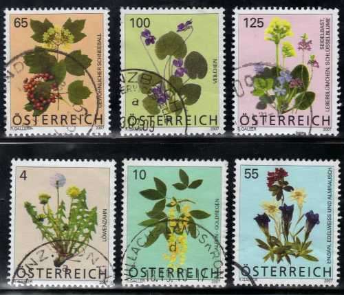 AUSTRIA 2007 "FLOWERS" 6 STAMPS VFU. SG 2847, 2849, 2865, 2881-3. CAT 8.20 POUNDS.