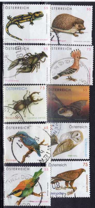 AUSTRIA 2007-2010 "FAUNA" 10 STAMPS VFU. CAT 15.50 POUNDS.
