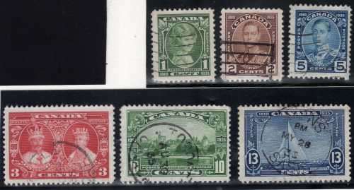 CANADA 1935 SILVER JUBILEE SET OF 6 VFU BUT SMALL THIN TO 13c. SG 335-340. CAT 29 POUNDS.