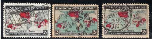 CANADA 1898 "IMPERIAL PENNY POSTAGE" 3 DIFFERENT COLOURS OF THE 2c USED. SG 166-168. CAT 22 POUNDS.