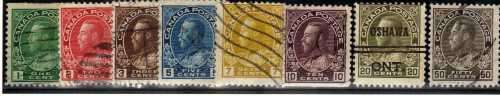 CANADA 1911-22 KGV DEFIN BASIC SET OF 8 (1 OF EACH) FINE - VERY FINE USED. SG 196-215. CAT 12 POUNDS