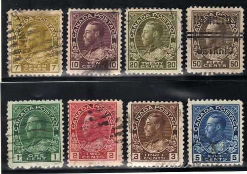 CANADA 1911-22 KGV DEFIN BASIC SET OF 8 (1 OF EACH) FINE - VERY FINE USED. SG 196-215. CAT 12 POUNDS