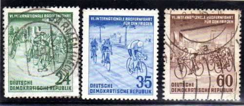 GERMANY EAST 1953 "6th INTERNATIONAL CYCLE RACE" SET OF 3 VERY FINE USED. SG E113-5. CAT 7,20 POUNDS