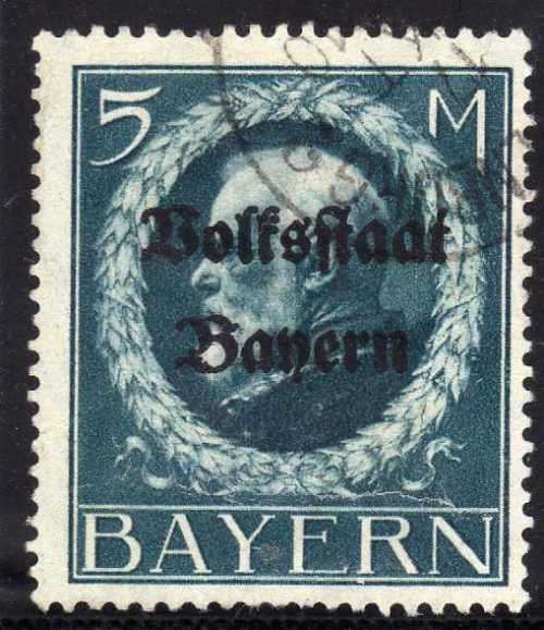 BAVARIA 1919 OVERPRINTED "VOLKSTAAT BAYERN" 5M BLUE VERY FINE USED. SG 212A. CAT 16 POUNDS.