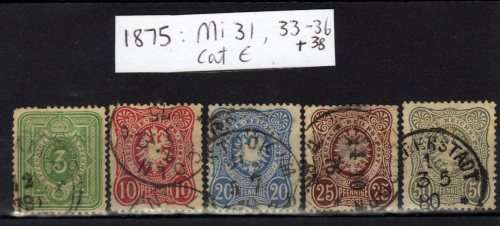 GERMANY 1875 DEFIN PART SET OF 5 FINE USED. Mi 31, 33-36. CAT 49.60 EUROS. (2004/5)