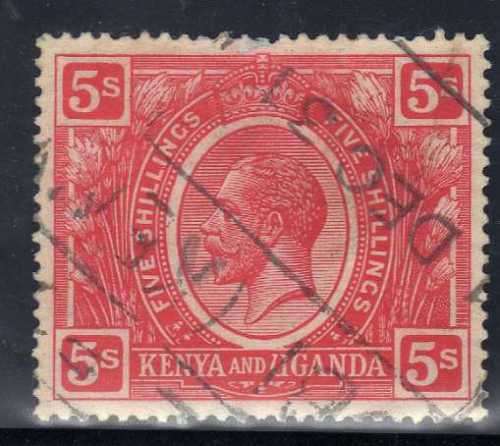 KENYA AND UGANDA 1922-27 DEFIN 5/- CARMINE-RED GOOD USED. SG 92. CAT 22 POUNDS.