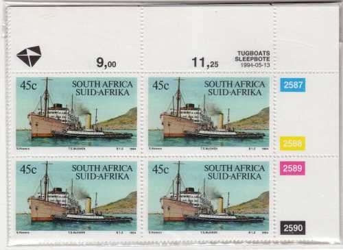 SOUTH AFRICA 1994 TUGBOATS SET OF 5 IN CONTROL BLOCKS OF 4 UMM. SACC 866-70. CAT R128.