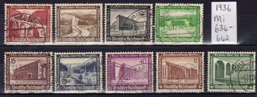 GERMANY 1936 WINTER RELIEF FUND "ARCHITECTURE" SET OF 9 VFU. MICHEL 634-642. CAT 20 EUROS (2004/5)