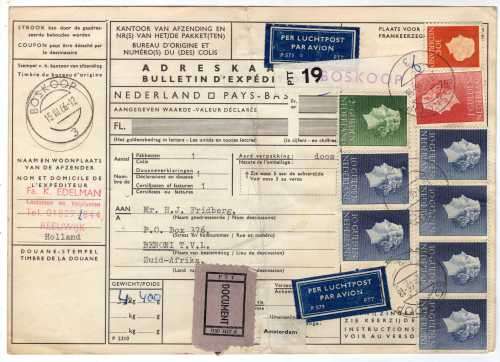 NETHERLANDS 1966 PARCEL POST DOCUMENT WITH 9 x QUEEN JULIANA STAMPS. UNIQUE ITEM.