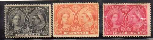 CANADA 1897 JUBILEE 1/2c, 1c & 3c MM GOOD FACE PART DISTURBED ORIGINAL GUM. SG 121-2,126 CAT 100 GBP