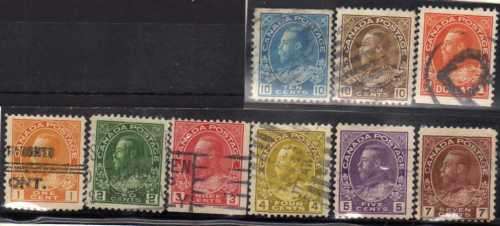 CANADA 1922-31 DEFIN PART SET OF 9 FINE - VERY FINE USED. (NO 8c BLUE) CAT 31.80 POUNDS.(2018)