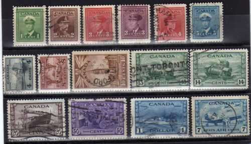 CANADA 1942-48 WAR EFFORT SET OF 14 PLUS 7c AIR VERY FINE USED. SG 375-388 + 400. CAT 35,50 POUNDS.