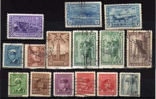 CANADA 1942-48 WAR EFFORT SET OF 14 PLUS 7c AIR FINE USED. SG 375-388 + 400. CAT 35,50 POUNDS.