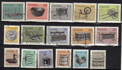 CANADA 1982 "HERITAGE ARTIFACTS" SET OF 16 VFU. SG 1054-1069. CAT 6,50 POUNDS.