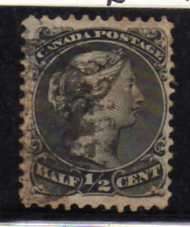 CANADA 1868 1/2c BLACK VERY FINE USED. SG 54. CAT 70 POUNDS. (SG 2019)