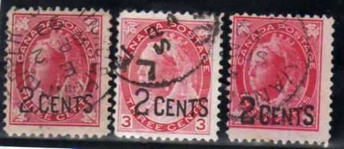 CANADA 1899 SURCHARGES BOTH STAMPS + EXTRA SG 171 WITH HEAVIER SURCHARGE SG 171 + 172. CAT 20 POUNDS