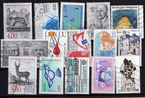 FRANCE 1988 15 STAMPS VERY FINE USED. CAT 13.30 POUNDS.