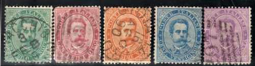 ITALY 1879 DEFIN PART SET OF 5 FINE - VERY FINE USED. SG 31-34 & 36. CAT 37.80 POUNDS.