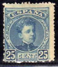 SPAIN 1900 DEFIN 25c BLUE MOUNTED MINT. SG 299. CAT 6,50 POUNDS.