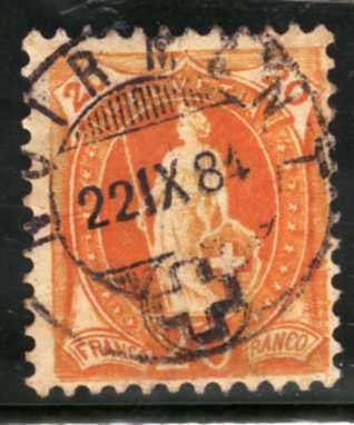 SWITZERLAND 1882 DEFIN 20c ORANGE VFU. SG 214. CAT 5,75 POUNDS.