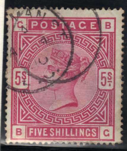 GREAT BRITAIN 1883 5/- CRIMSON VERY FINE USED. SG 181. CAT 250 POUNDS.