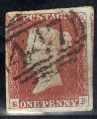 GREAT BRITAIN 1841 1d RED BROWN IMPERF BLUED PAPER GOOD USED 4 MARGIN. SG 8a. CAT 35 POUNDS.