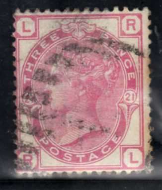 GREAT BRITAIN 1880-83 3d ROSE PLATE 21 FINE USED. W/MARK IMPERIAL CROWN. SG 158. CAT 100 POUNDS.