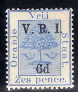 ORANGE FREE STATE 1900 SURCHARGED DEFIN 6d BLUE LEVEL STOPS MM. SACC 56. CAT R180. (SACC 2019-20)
