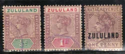 ZULULAND 3 STAMPS ALL VERY FINE USED. SACC 14, 15 & 24. CAT R155. (SACC 2019-20)