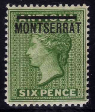 MONTSERRAT 1876-83 ANTIGUA OPTD "MONTSERRAT" 6d GREEN MM. SG 2. CAT 70 POUNDS. (2018)