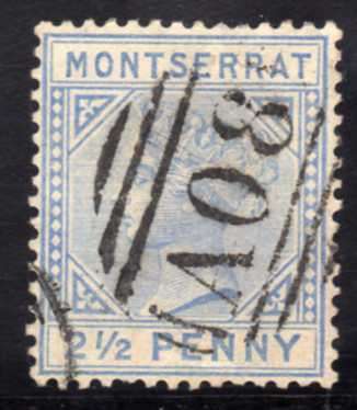 MONTSERRAT 1884-85 2,5d ULTRAMARINE VFU. SG 10. CAT 21 POUNDS. (2018)