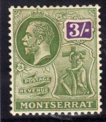 MONTSERRAT 1922-29 DEFIN KGV 3/- GREEN & VIOLET VERY FINE MM. SG 81. CAT 12 POUNDS. (2018)