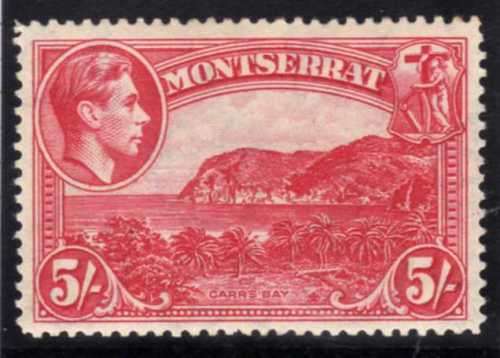 MONTSERRAT 1938-48 DEFIN 5/- ROSE-CARMINE VERY FINE LMM PERF 14. SG 110a. CAT 30 POUNDS (2018)