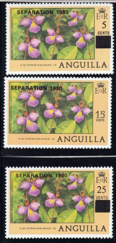 ANGUILLA 1980 3 ORCHID STAMPS LMM. SG 423, 429 & 433. CAT 5,75 POUNDS.
