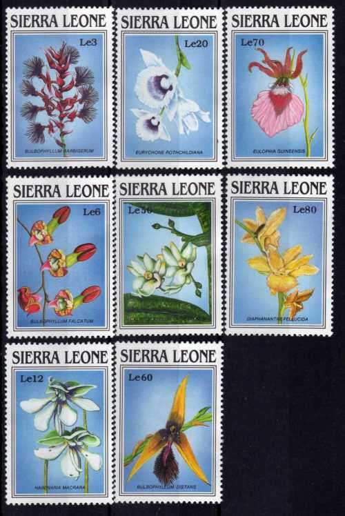 SIERRE LEONE 1989 ORCHIDS SET OF 8 UNHINGED BUT PAPER ADHESION. SG 1303-10. CAT 14.30 POUNDS.